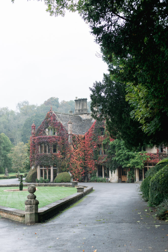 Manor Home covered in ivy with fall colors.