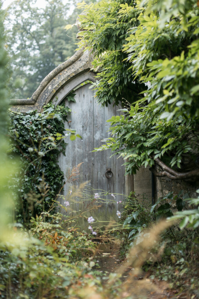 An old wooden door with a stone wall surrounded by greenery.