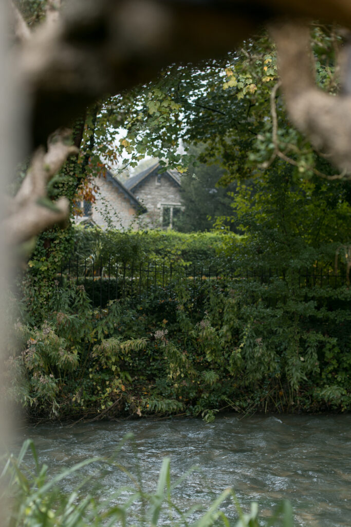 The tops of houses appear in the background with a stream in the foreground.