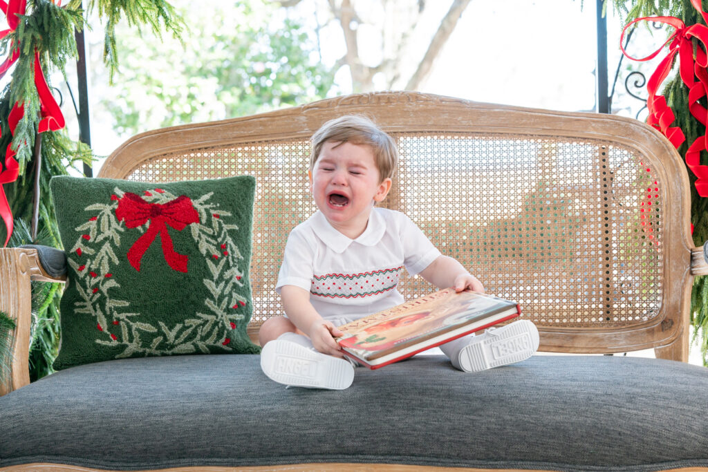 Toddler boy crying before his Savannah, GA Santa session