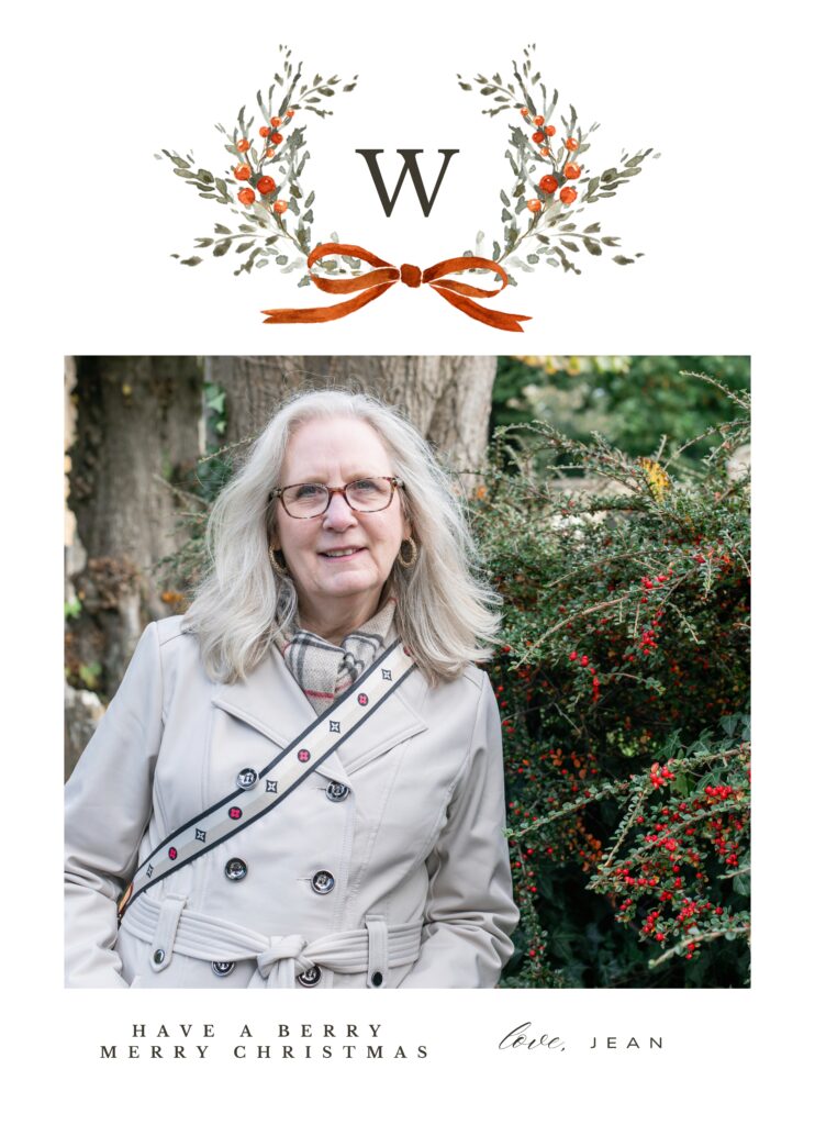 My mother's Christmas card in front of a berry bush in Chipping Campden