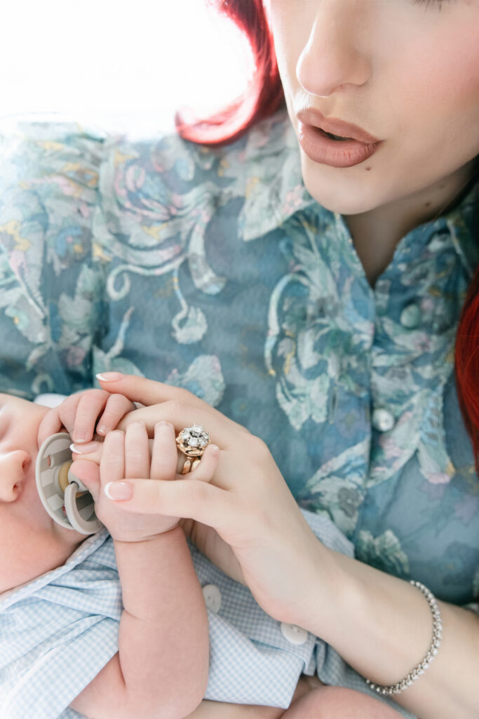 Mom and baby during newborn session at home in Savannah