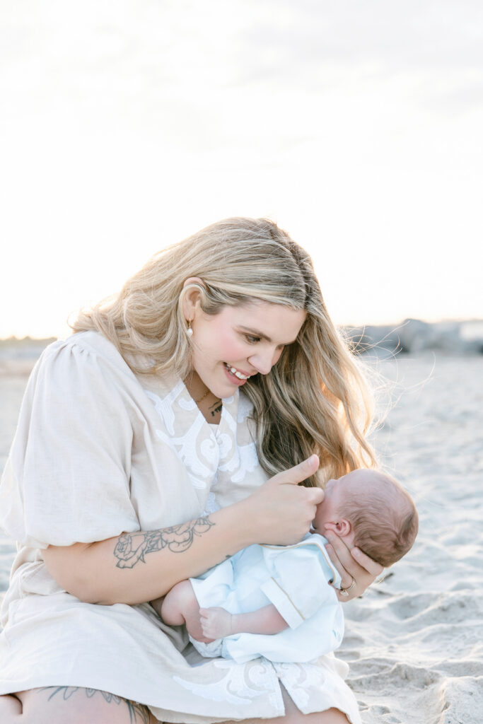 A mom with her newborn baby at Tybee Island